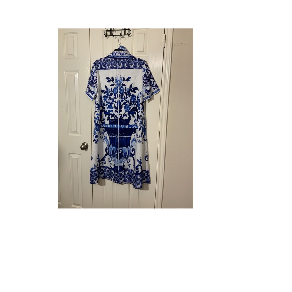 NWOT Royal Blue And White Midi Dress With Belt Tie - Picture 2 of 4